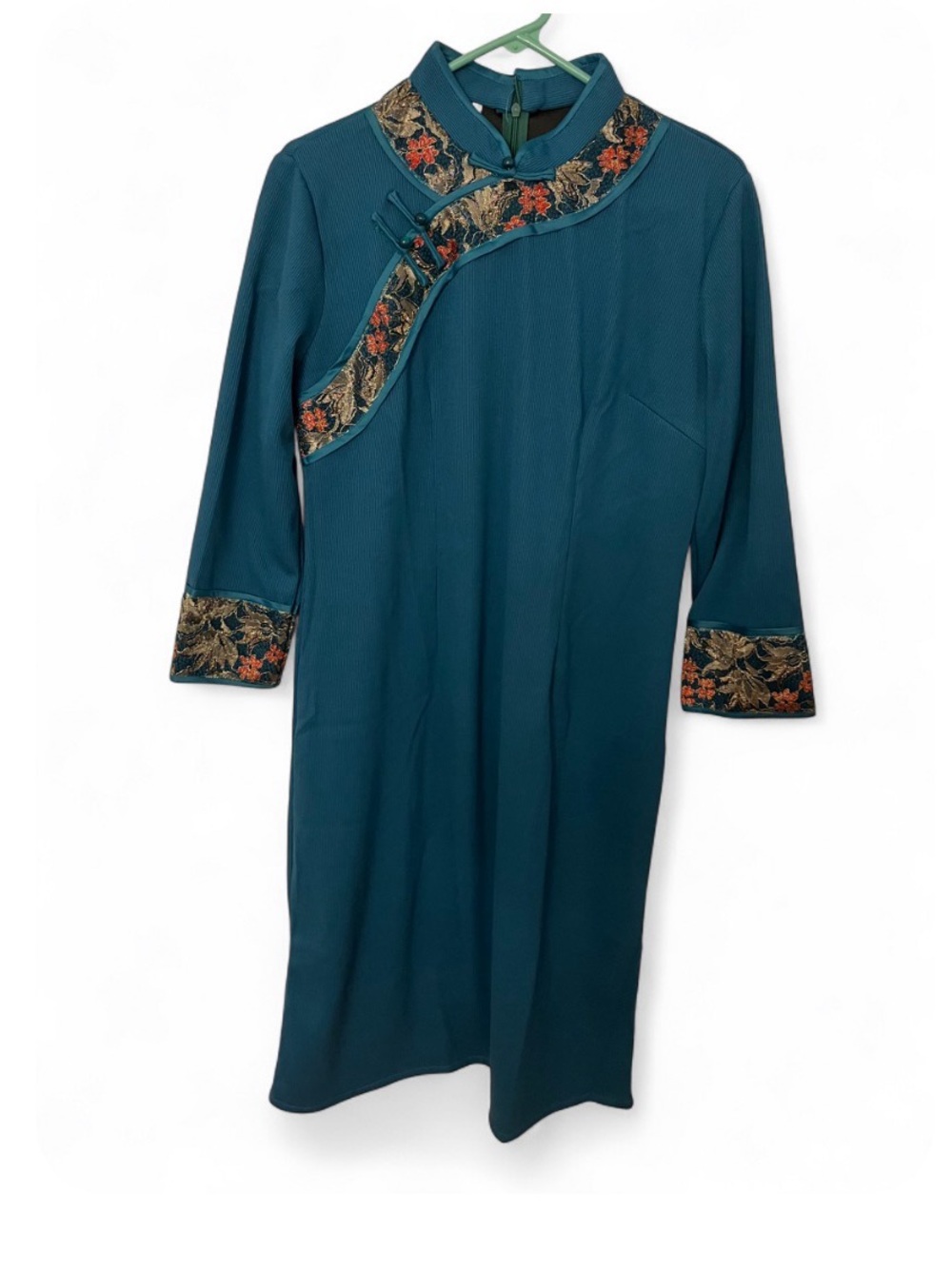 Teal Floral-Trim Mandarin Collar Dress